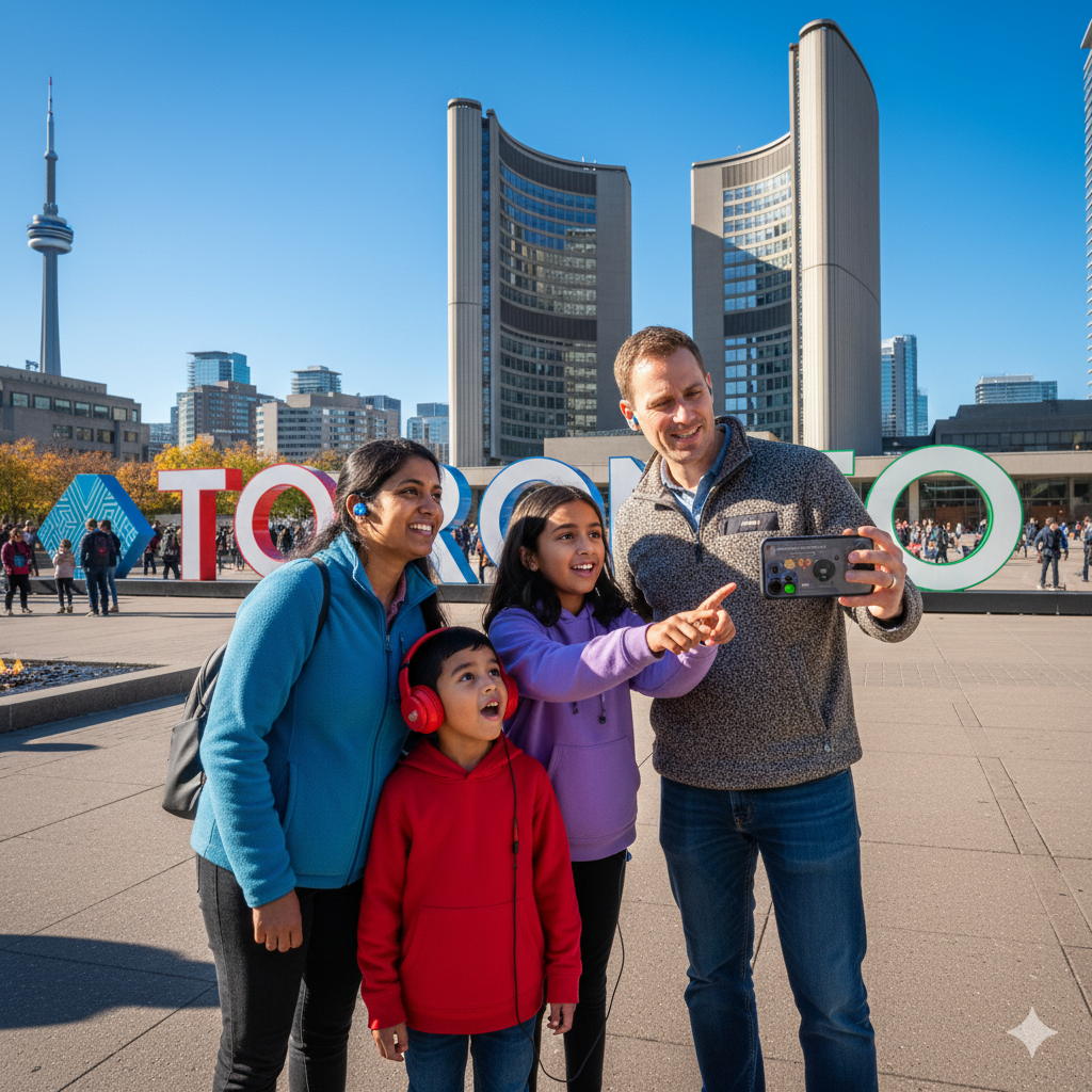 Family taking a selfie in front of the Toronto sign with city skyline in the background